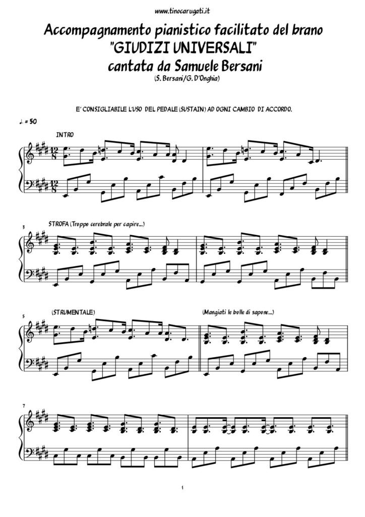 Spartito Pianoforte "GIUDIZI UNIVERSALI" Samuele Bersani (accompagnamento facilitato)