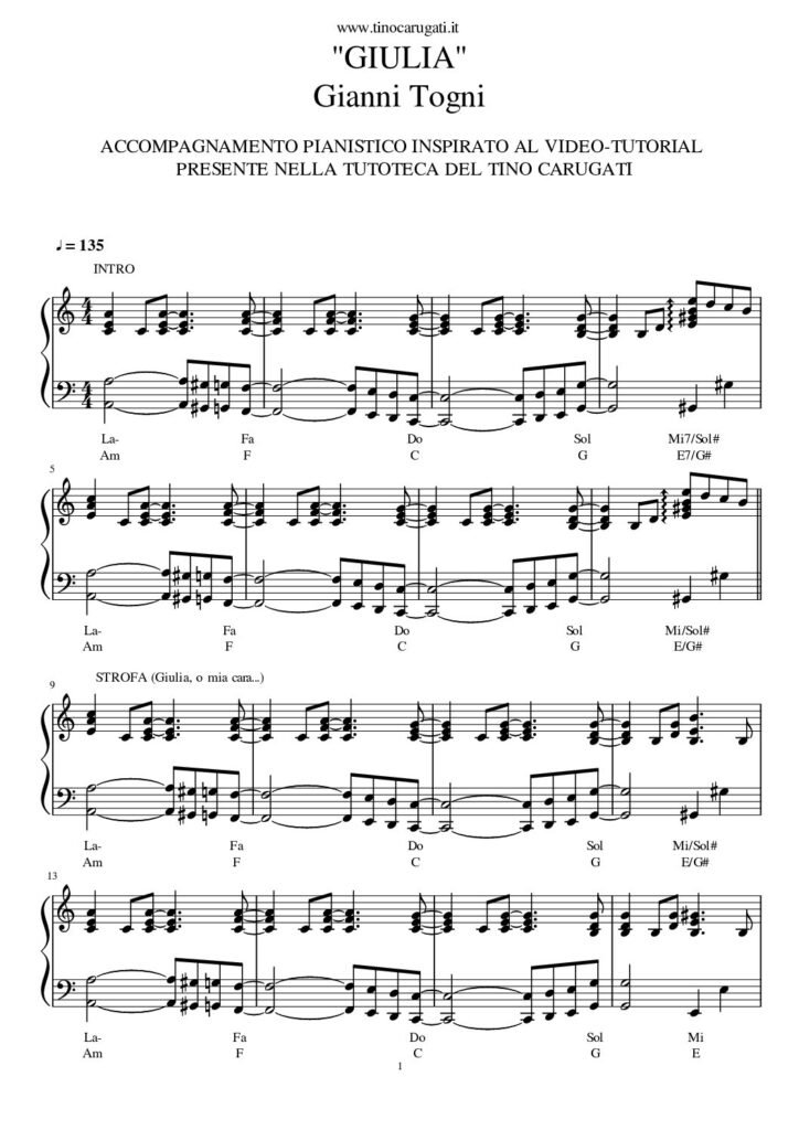 Spartito Pianoforte "GIULIA" Gianni Togni - (esecuzione fedele videotutorial nella Tutoteca)