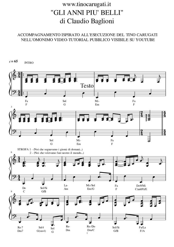 Spartito Pianoforte "GLI ANNI PIU' BELLI" Claudio Baglioni