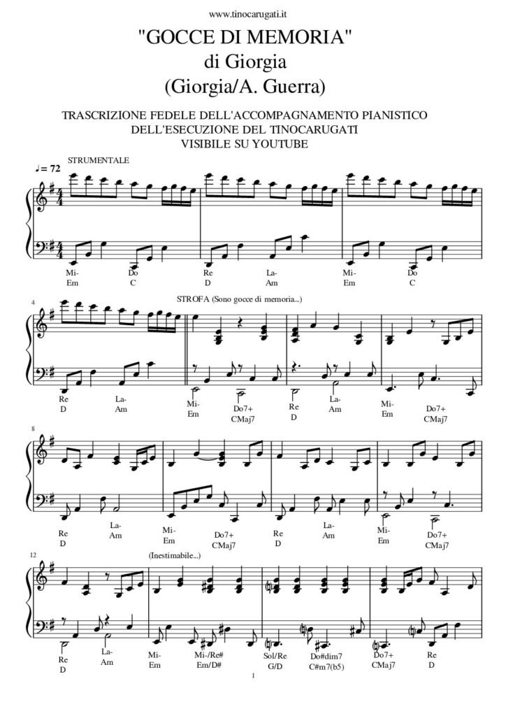 Spartito Pianoforte "GOCCE DI MEMORIA" Giorgia