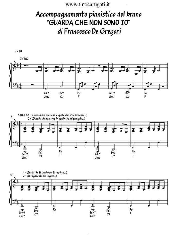 Spartito Pianoforte "GUARDA CHE NON SONO IO" F. De Gregori