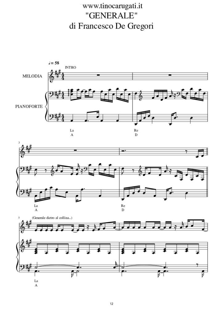 Spartito Pianoforte "GENERALE" Francesco De Gregori - Accompagnamento + melodia