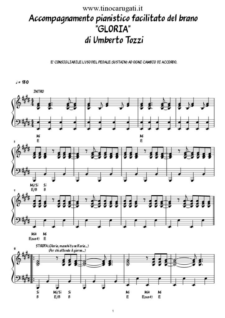 Spartito Pianoforte "GLORIA" Umberto Tozzi