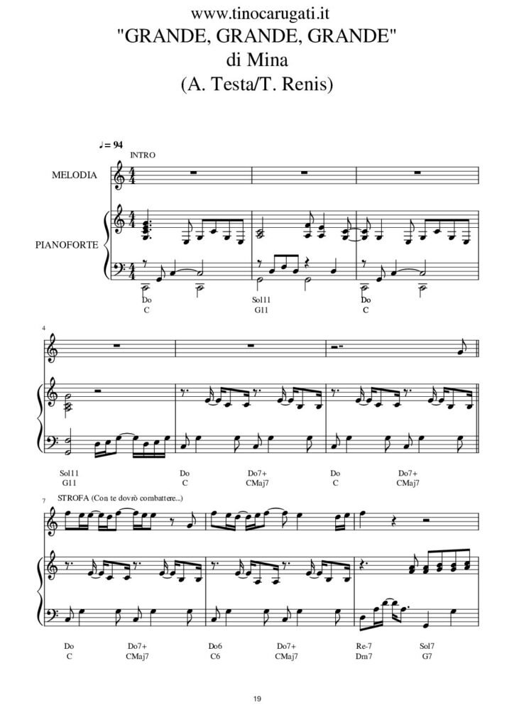 Spartito Pianoforte "GRANDE, GRANDE, GRANDE" Mina - Accompagnamento + melodia