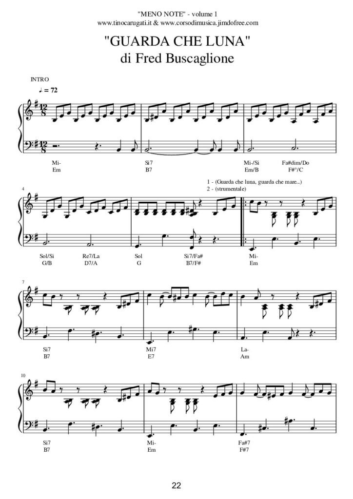 Spartito Pianoforte "GUARDA CHE LUNA" Fred Buscaglione - In pianismo melodico facilitato