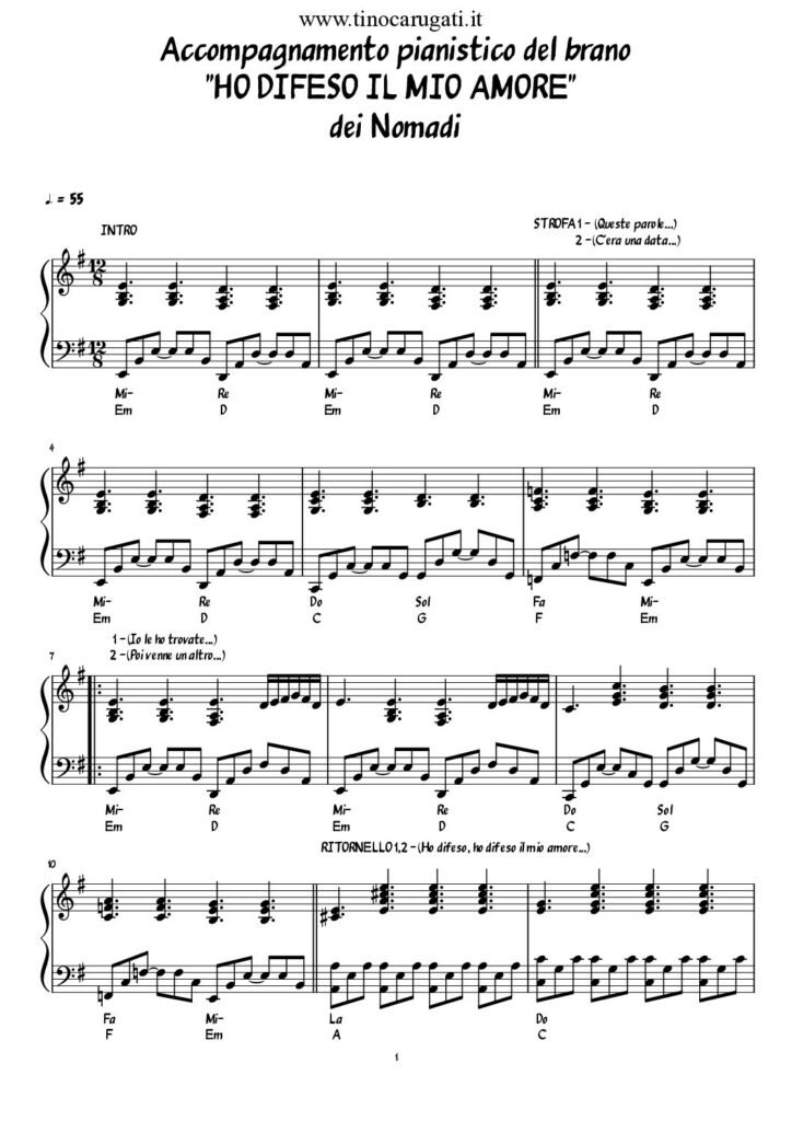 Spartito Pianoforte "HO DIFESO IL MIO AMORE" Nomadi