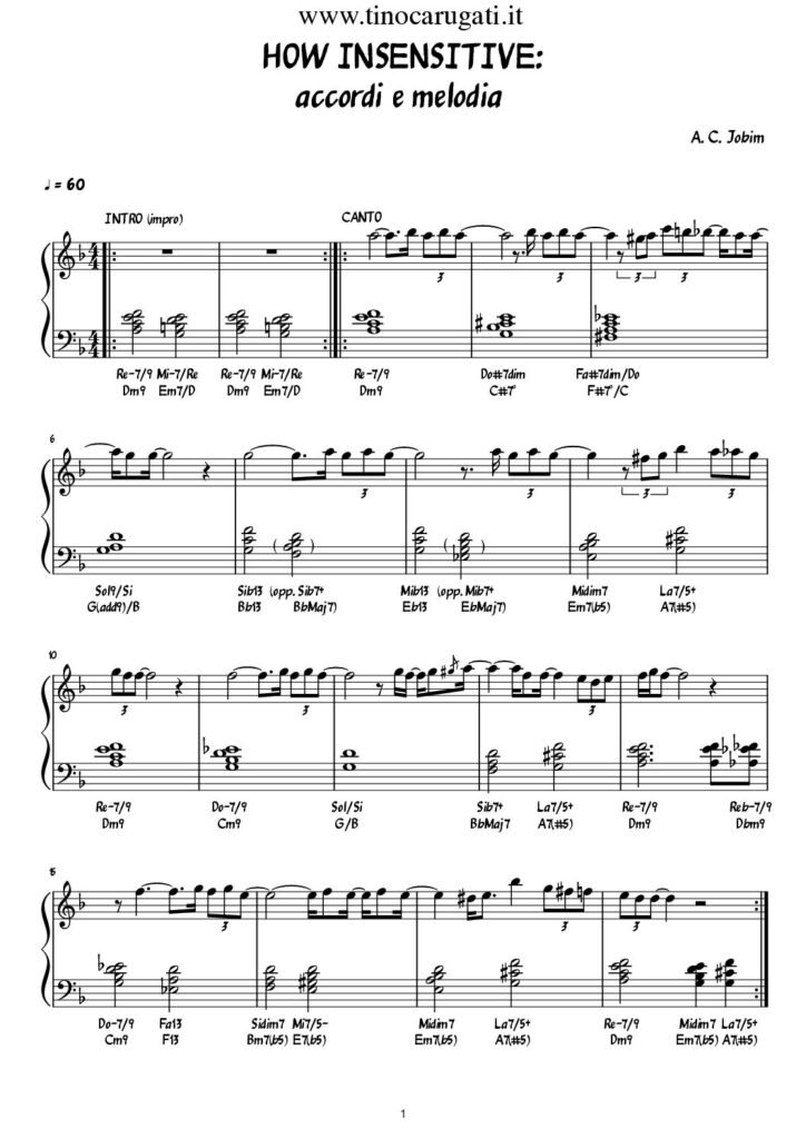 Spartito Pianoforte "HOW INSENSITIVE" Jobim (Latin Jazz Standard) - Accordi e melodia