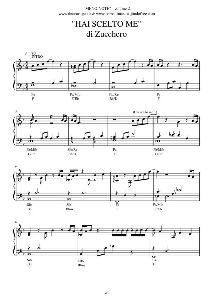 Spartito Pianoforte "HAI SCELTO ME" Zucchero - In pianismo melodico facilitato