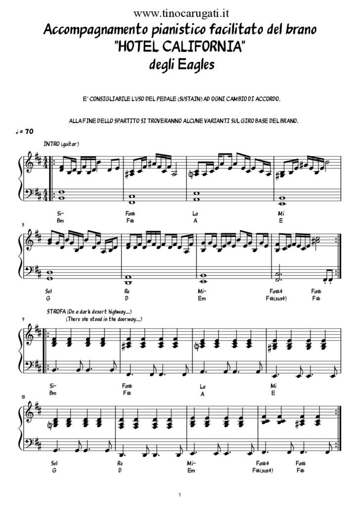 Spartito Pianoforte "HOTEL CALIFORNIA" Eagles