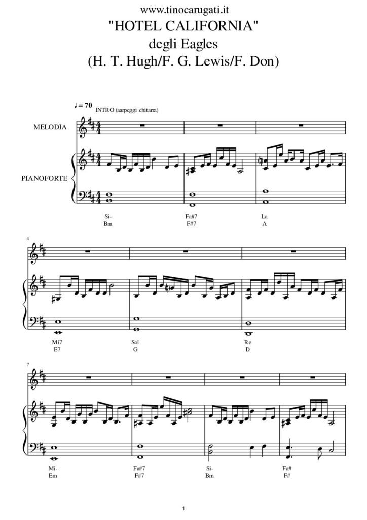 Spartito Pianoforte "HOTEL CALIFORNIA" Eagles - Accompagnamento + melodia