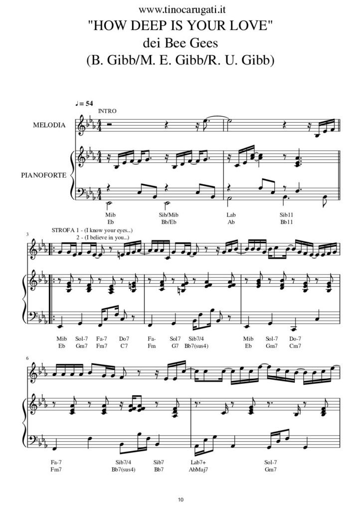 Spartito Pianoforte "HOW DEEP IS YOUR LOVE" Bee Gees - Accompagnamento + melodia