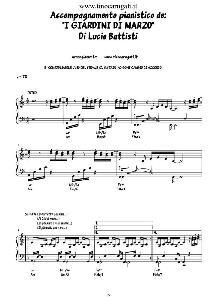Spartito Pianoforte "I GIARDINI DI MARZO" Lucio Battisti
