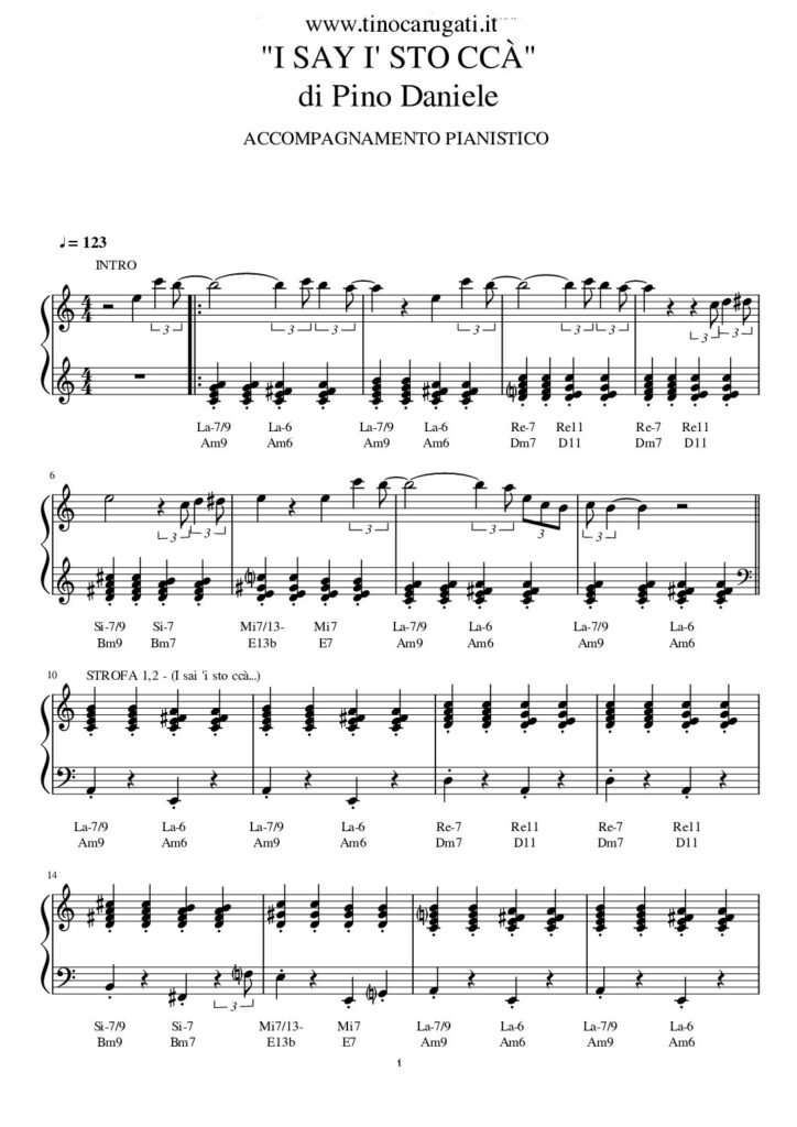 Spartito Pianoforte "I SAY I' STO CCA'" Pino Daniele