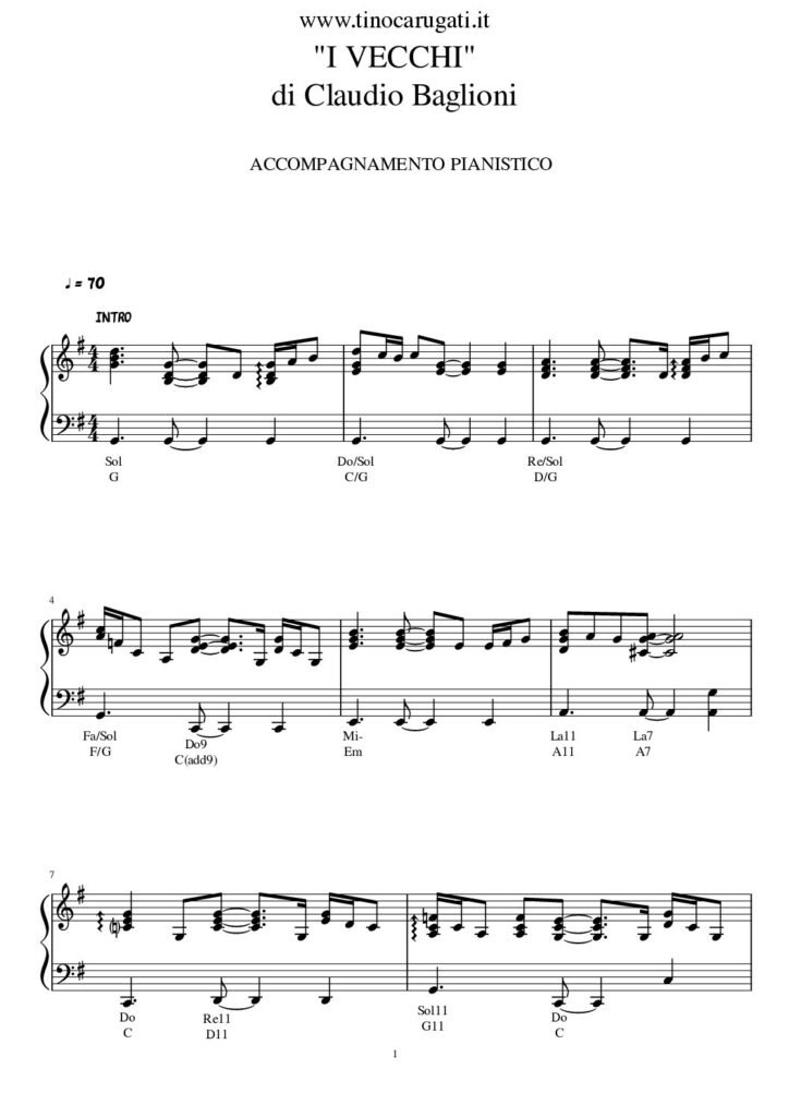 Spartito Pianoforte "I VECCHI" Claudio Baglioni