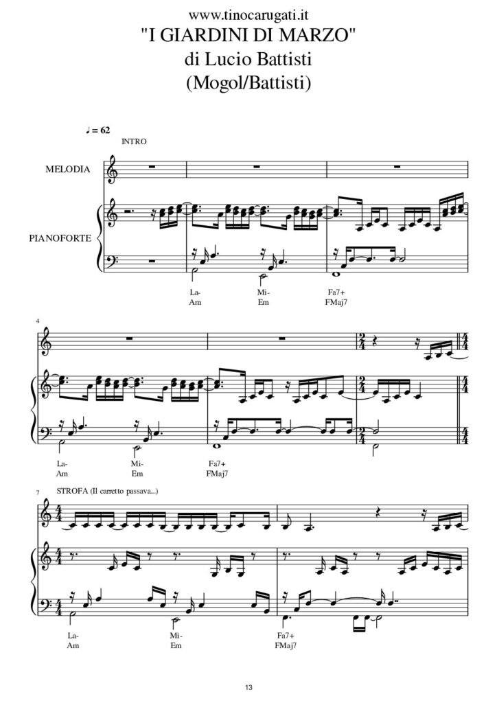 Spartito Pianoforte "I GIARDINI DI MARZO" Lucio Battisti - Accompagnamento + melodia