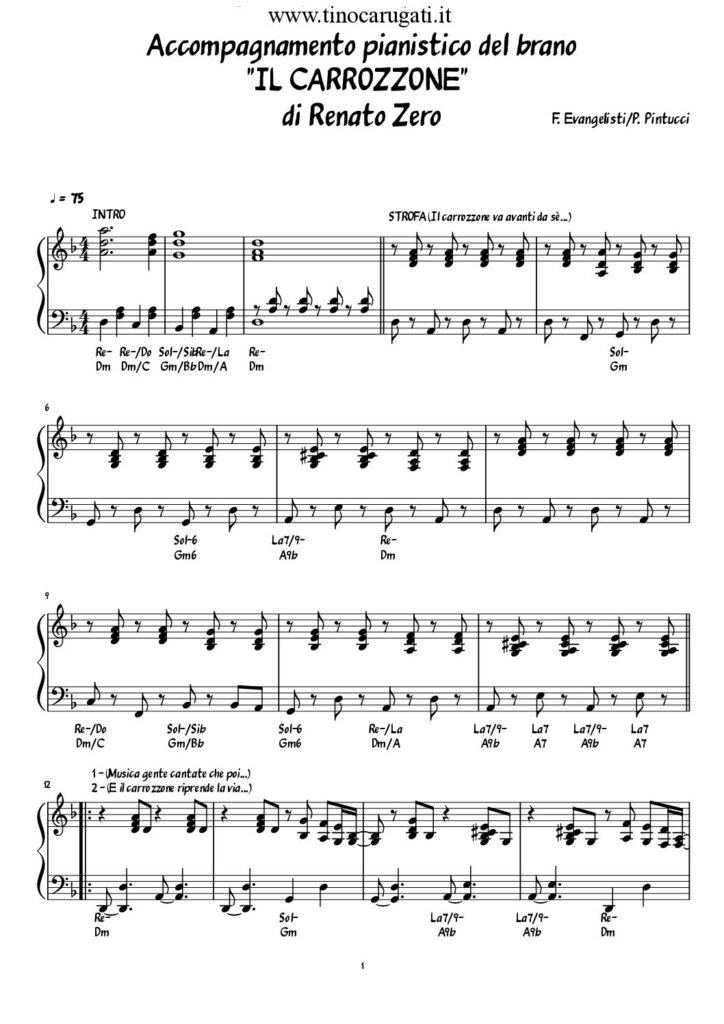 Spartito Pianoforte "IL CARROZZONE" Renato Zero