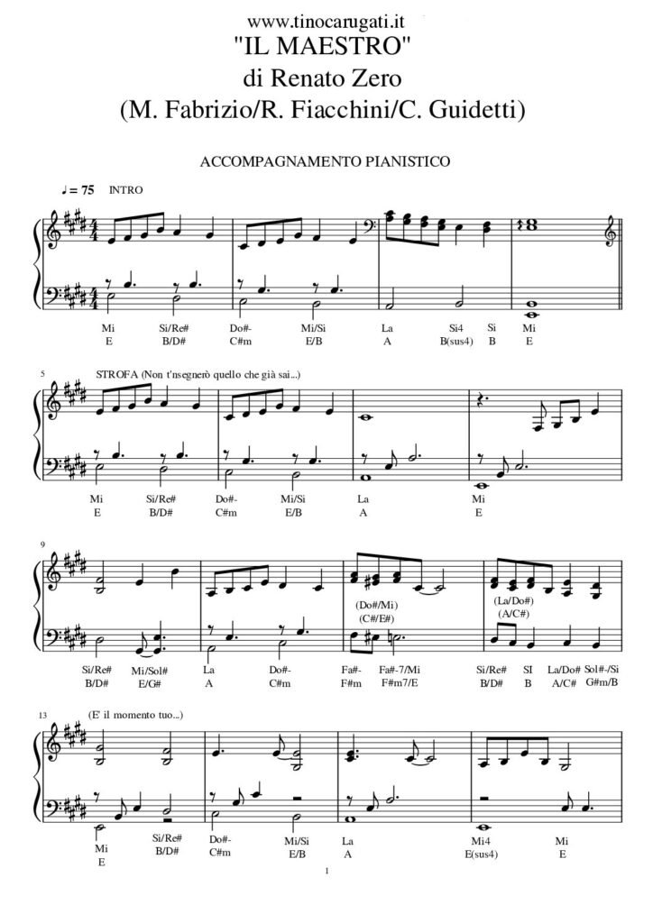 Spartito Pianoforte "IL MAESTRO" Renato Zero