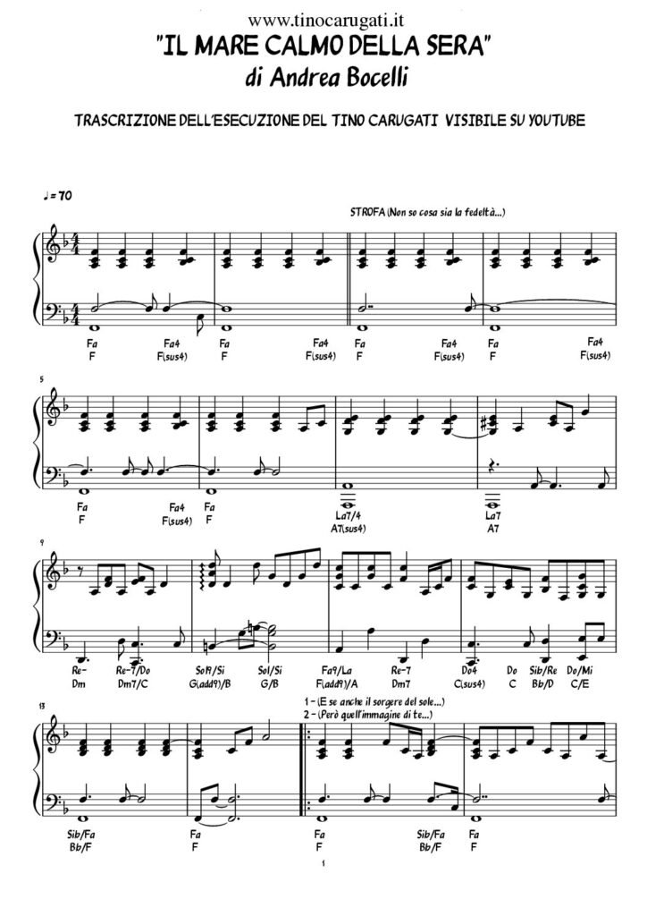Spartito Pianoforte "IL MARE CALMO DELLA SERA" Andrea Bocelli