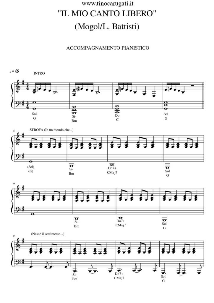 Spartito Pianoforte "IL MIO CANTO LIBERO" Lucio Battisti - Accompagnamento pianistico