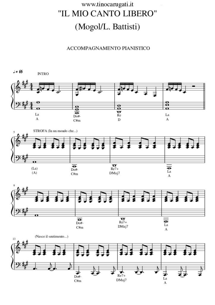 Spartito Pianoforte "IL MIO CANTO LIBERO" Lucio Battisti - In La