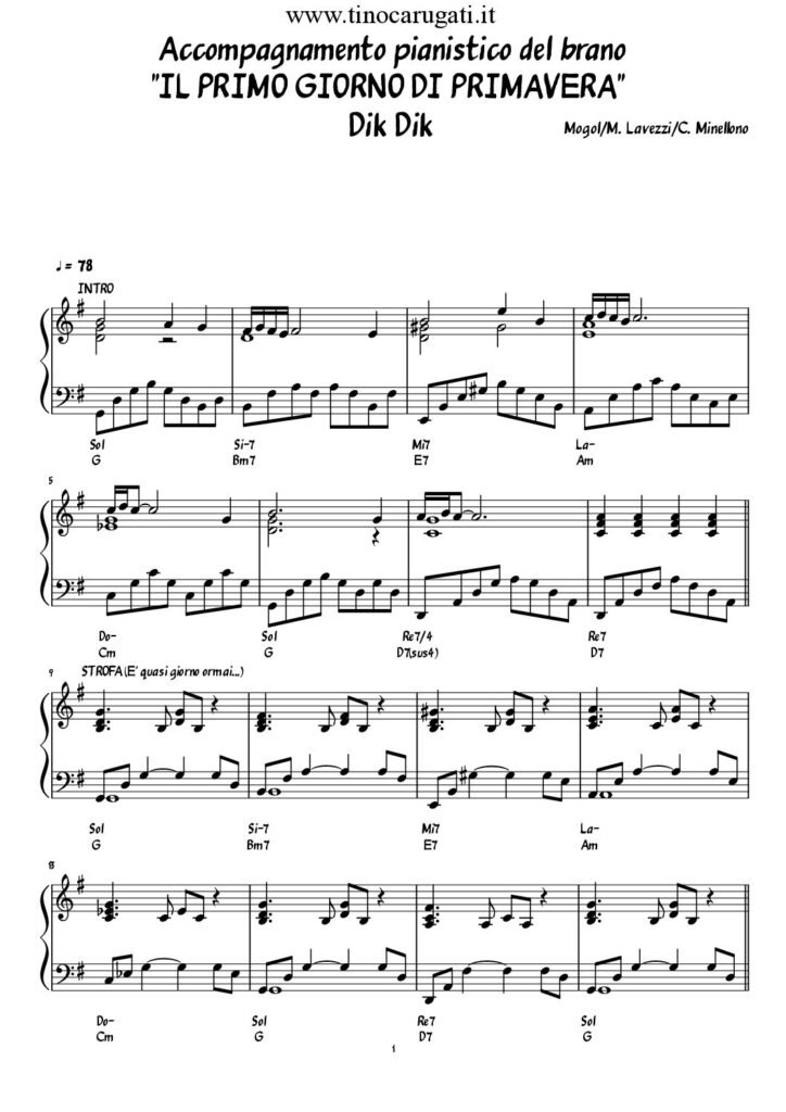 Spartito Pianoforte "IL PRIMO GIORNO DI PRIMAVERA" Dik Dik