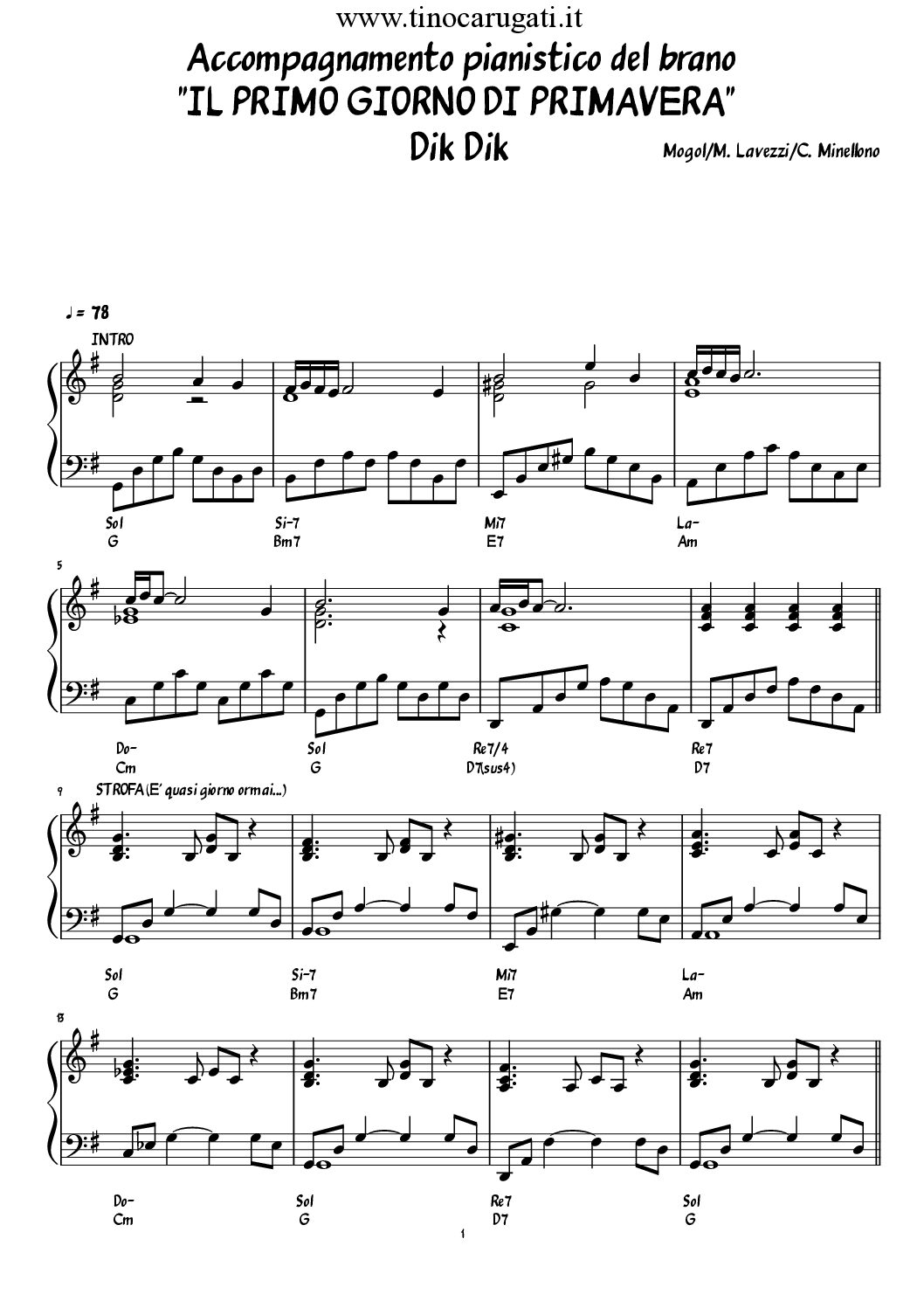 Spartito Pianoforte "IL PRIMO GIORNO DI PRIMAVERA" Dik Dik