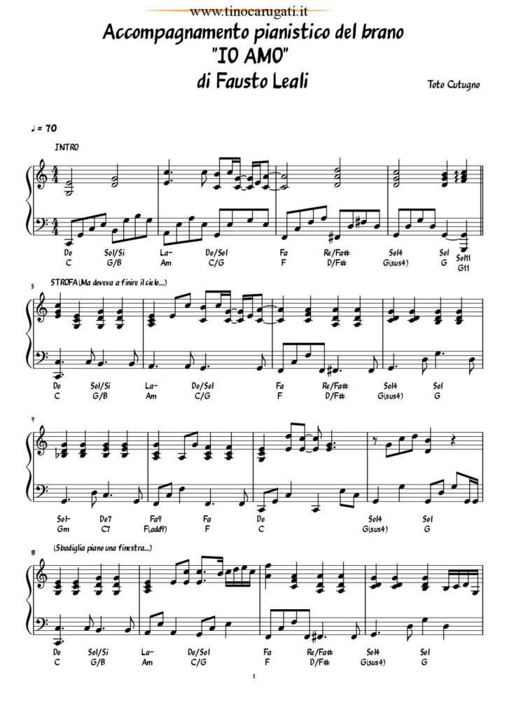 Spartito Pianoforte "IO AMO" Fausto Leali