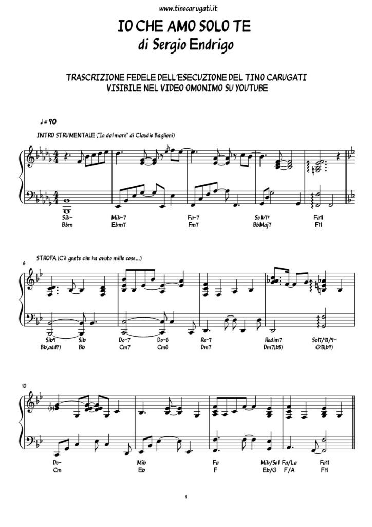 Spartito Pianoforte "IO CHE AMO SOLO TE" Sergio Endrigo (Reharmonization)