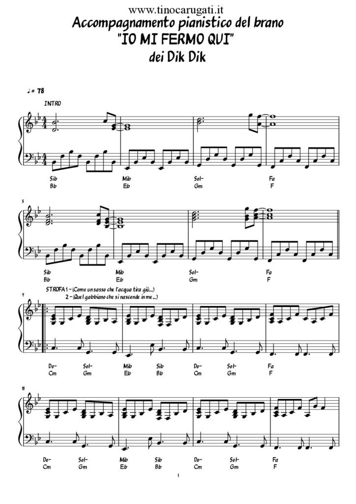 Spartito Pianoforte "IO MI FERMO QUI" Dik Dik