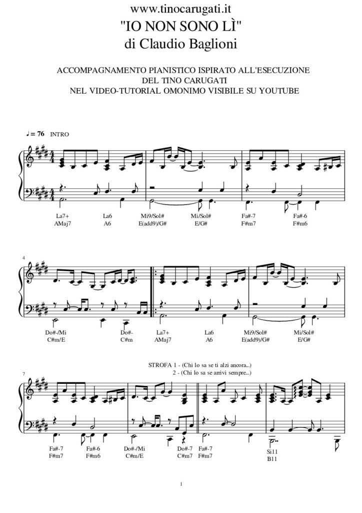 Spartito Pianoforte "IO NON SONO LI'" Claudio Baglioni
