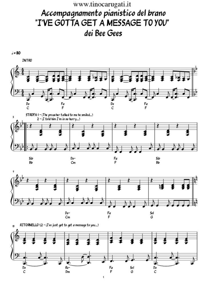 Spartito Pianoforte "I'VE GOTTA GET A MESSAGE TO YOU" Bee Gees