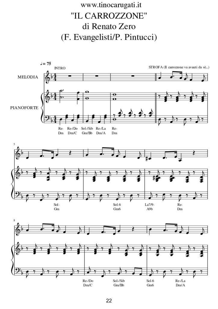 Spartito Pianoforte "IL CARROZZONE" Renato Zero - Accompagnamento + melodia