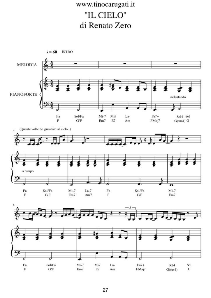 Spartito Pianoforte "IL CIELO" Renato Zero - Accompagnamento + melodia