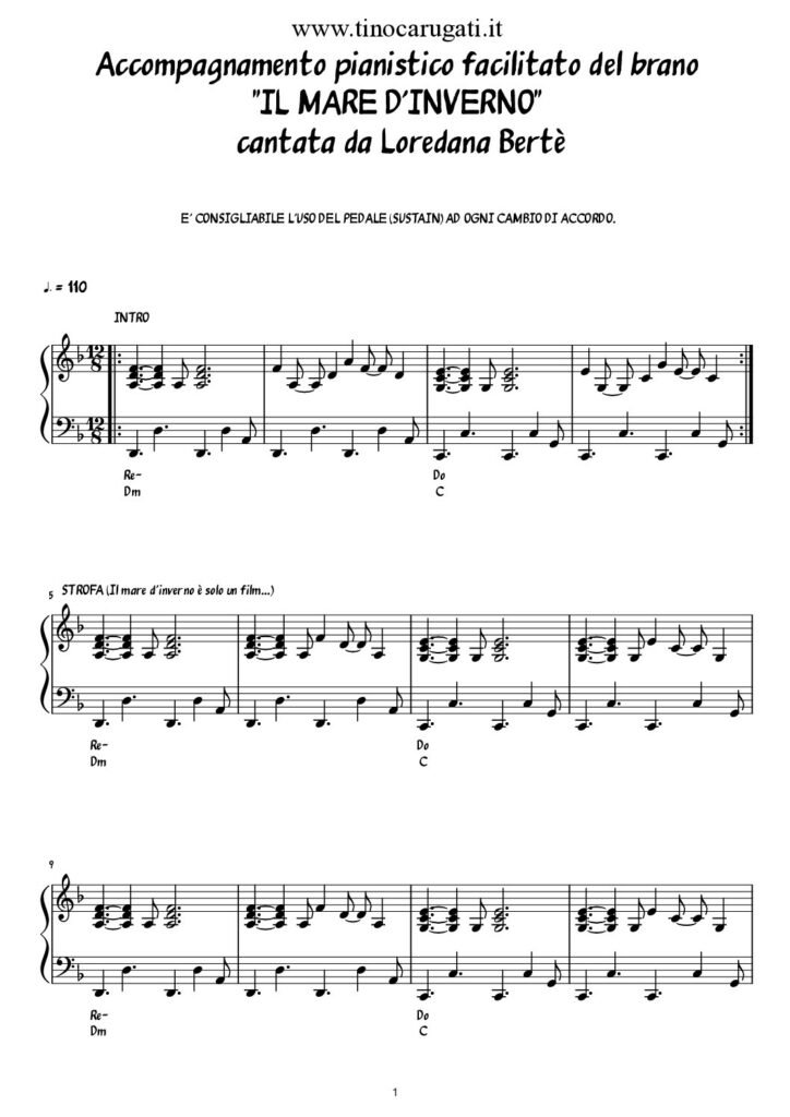 Spartito Pianoforte "IL MARE D'INVERNO" Loredana Bertè