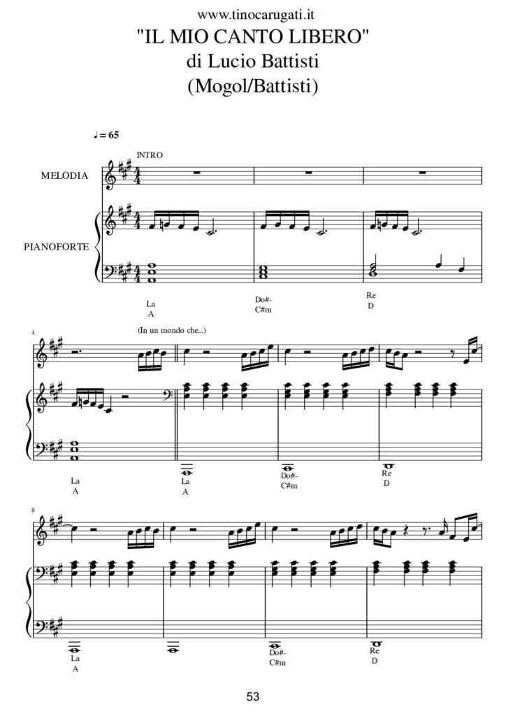 Spartito Pianoforte "IL MIO CANTO LIBERO" Lucio Battisti - Accompagnamento + melodia