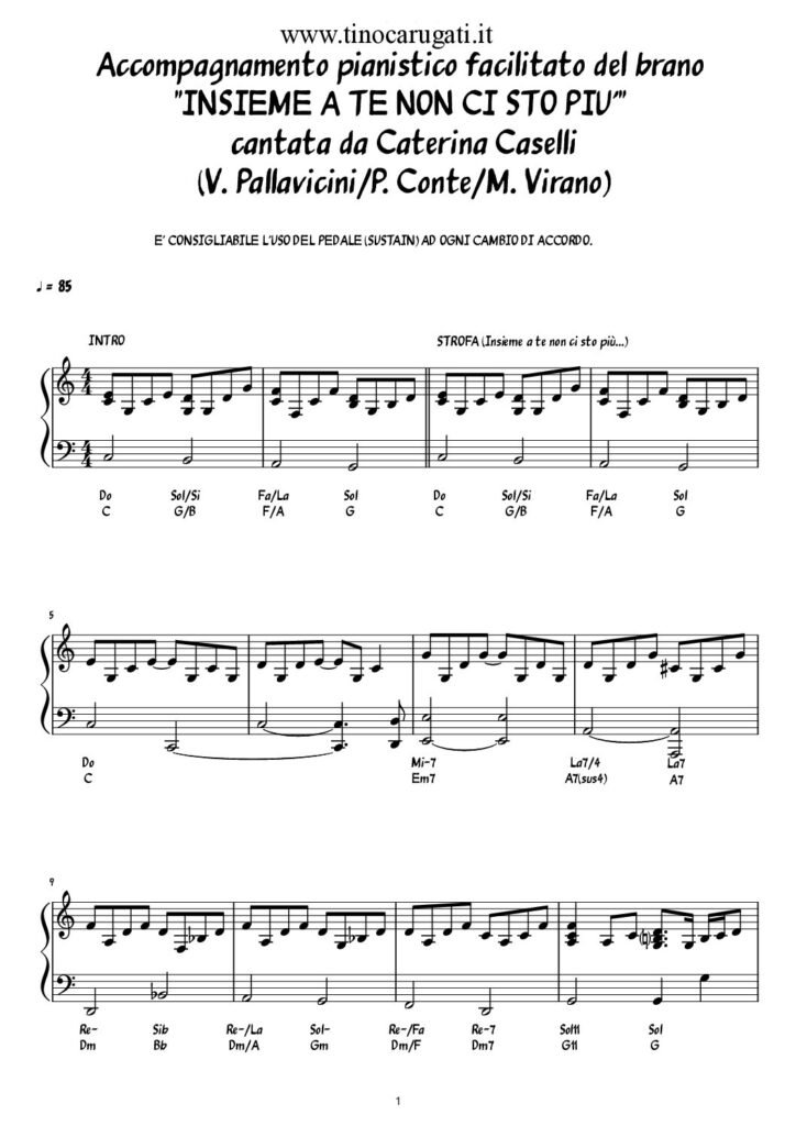 Spartito Pianoforte "INSIEME A TE NON CI STO PIU'" Caterina Caselli