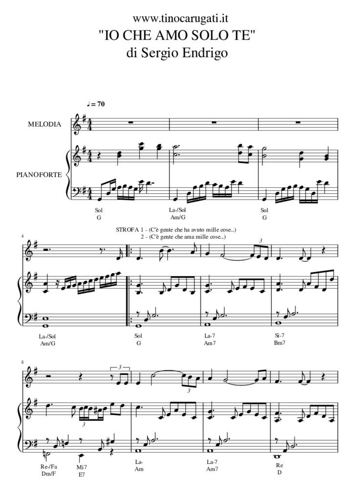 Spartito Pianoforte "IO CHE AMO SOLO TE" Sergio Endrigo - Accompagnamento + melodia