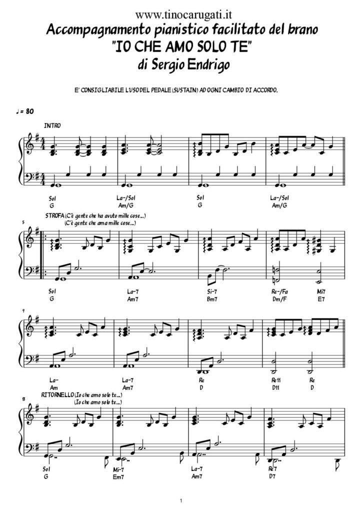 Spartito Pianoforte "IO CHE AMO SOLO TE" Sergio Endrigo