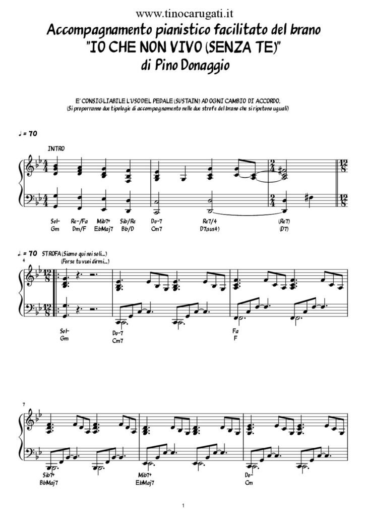 Spartito Pianoforte "IO CHE NON VIVO (SENZA TE)" / "YOU DON'T HAVE TO SAY YOU LOVE ME" Pino Donaggio