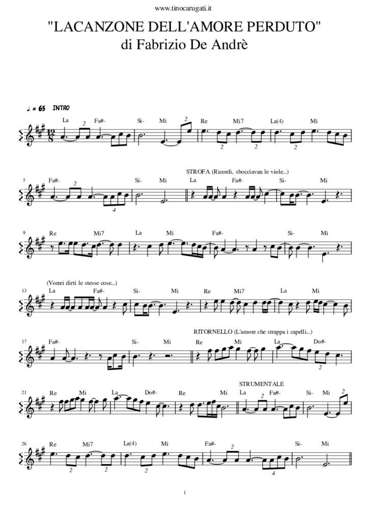 Spartito Pianoforte "LA CANZONE DELL'AMORE PERDUTO" Fabrizio De Andrè - Solo melodia e accordi