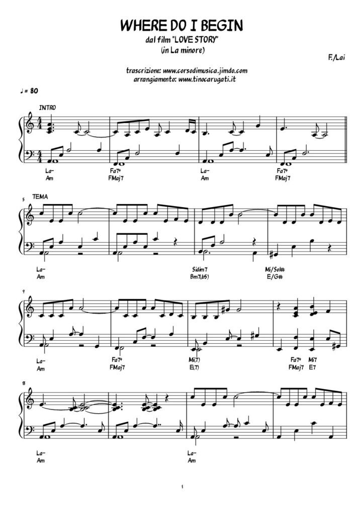 Spartito Pianoforte "WHERE DO I BEGIN" from "Love story" - In La