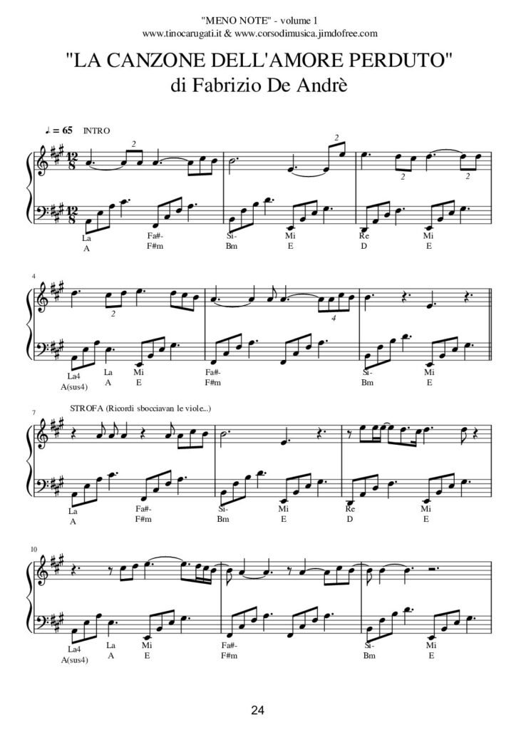 Spartito Pianoforte "LA CANZONE DELL'AMORE PERDUTO" F. De Andrè - Pianismo melodico facilitato