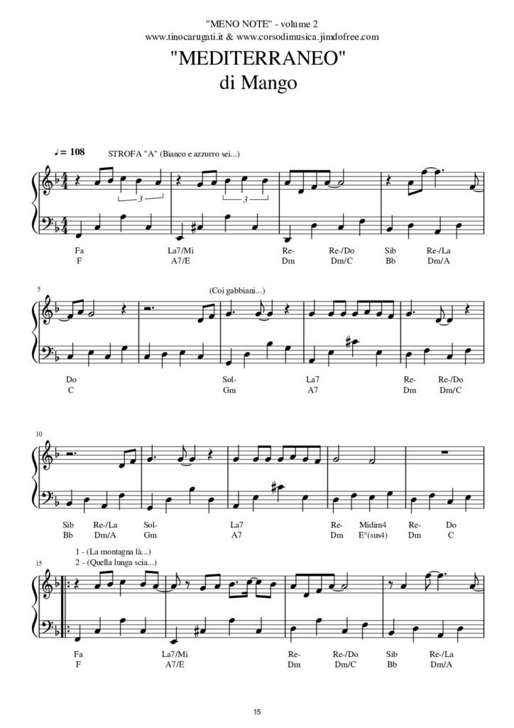 Spartito Pianoforte in pianismo melodico facilitato "Mediterraneo" Mango