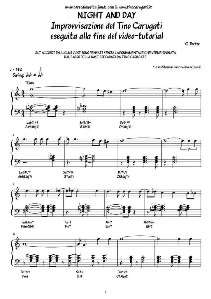 Spartito Pianoforte "NIGHT AND DAY" - Tema e impro visibile nel video Youtube (v. sotto)