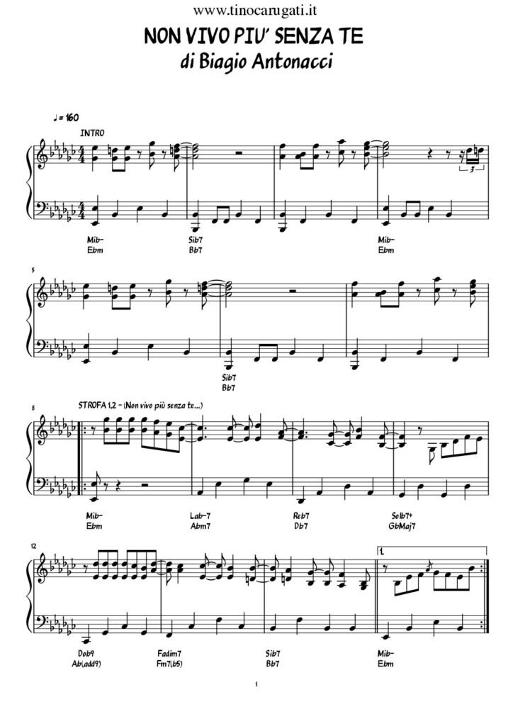 Spartito Pianoforte "NON VIVO PIU' SENZA TE" Biagio Antonacci (Pianismo melodico)