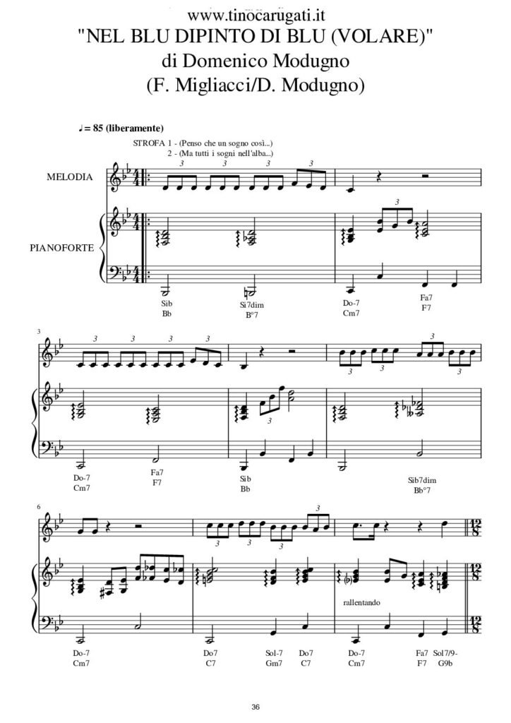 Spartito Pianoforte "NEL BLU DIPINTO DI BLU" (volare) Domenico Modugno - Accompagnamento + melodia