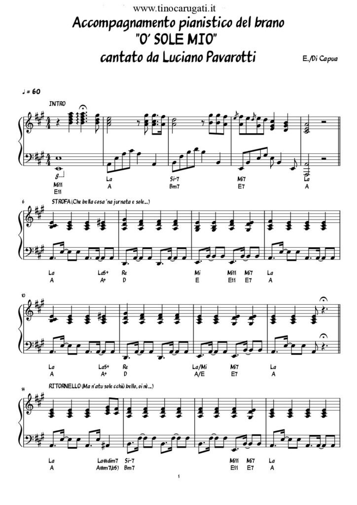 Spartito Pianoforte  " 'O SOLE MIO"  Luciano Pavarotti - In due versioni (facilitata e avanzata) vedi Video