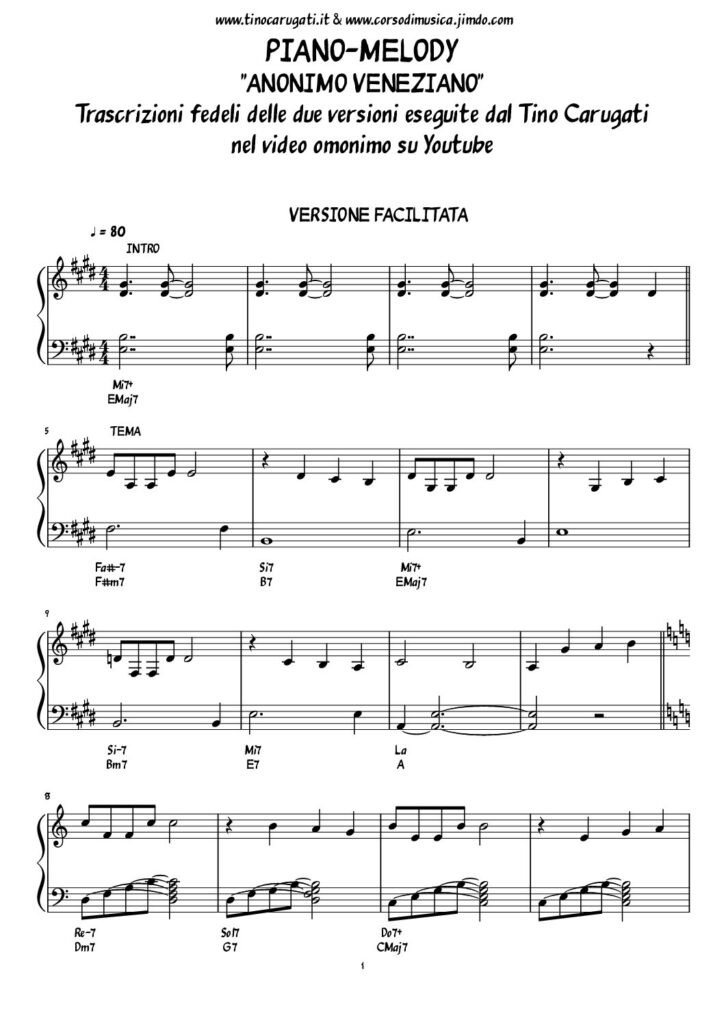 Spartito Pianoforte "ANONIMO VENEZIANO" Stelvio Cipriani - In due versioni (facilitata e avanzata) v. Video