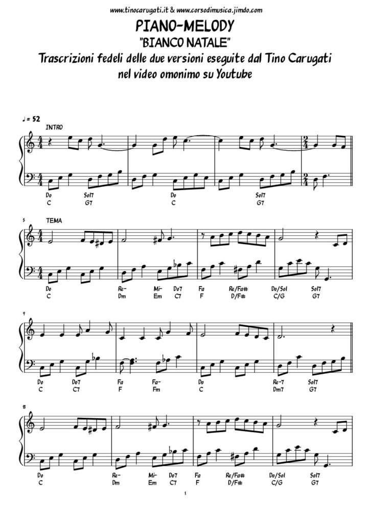 Spartito Pianoforte "BIANCO NATALE" - In due versioni (facilitata & avanzata) v. Video sotto