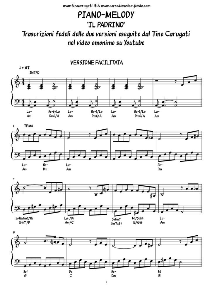Spartito Pianoforte "IL PADRINO" in due versioni (facilitata e avanzata) v. Video sotto